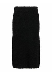 Jupe midi en tricot noir avec un tissu texturé et pelucheux, dotée d'une taille élastique et d'une silhouette droite. Sans fermetures ni coutures visibles.