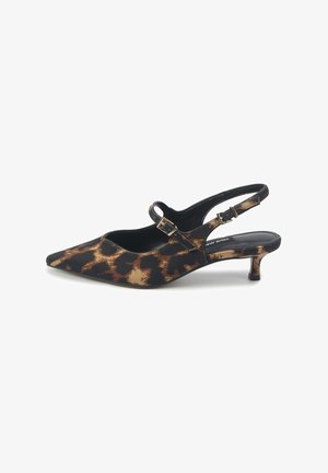 Leopard print slingback heels with pointed toe, black and tan fabric, slender kitten heel, adjustable buckle, smooth texture.