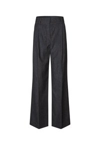 Pantaloni larghi blu navy scuri con sottili strisce metalliche dorate verticali e una vita con passanti per cintura.