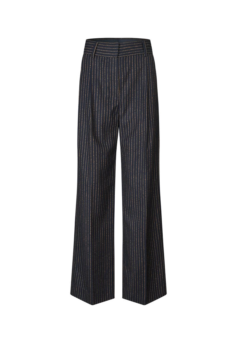 Pantaloni larghi blu navy scuri con sottili strisce metalliche dorate verticali e una vita con passanti per cintura.