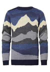 Pull en maille avec des motifs inspirés des montagnes en bleu, gris et crème. Col rond, poignets et ourlet côtelés, texture douce.