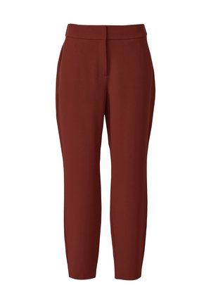 High-waisted, straight-leg women's trousers in solid rust color with a concealed front closure and side pockets.