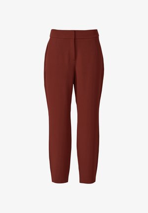 Hoge taille, rechte damesbroek in een effen roestkleur met een verborgen sluiting aan de voorkant en zijzakken.