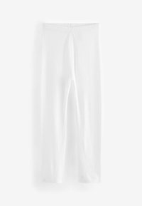 Weiße, dehnbare Leggings aus glattem Stoff, mit hohem Bund und schmal zulaufenden Beinen, die einfache Nähte aufweisen.