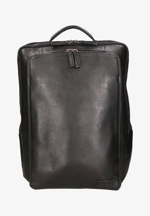 Sac à dos en cuir noir au design structuré. Comprend une poignée supérieure, une fermeture à double zip et des poches latérales minimalistes. Texture lisse.