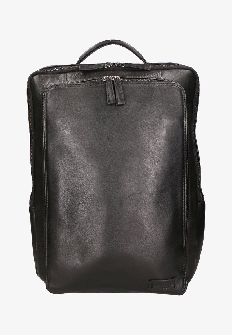 Sac à dos en cuir noir au design structuré. Comprend une poignée supérieure, une fermeture à double zip et des poches latérales minimalistes. Texture lisse.