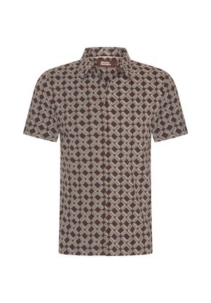 Short-sleeve button-up shirt featuring a brown base with a geometric pattern of blue and cream diamonds, made of lightweight fabric.