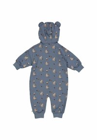 Modrý bavlněný overálek s kapucí a ušima medvěda, zdobený béžovými zvířaty a motivy přírody, s žebrovanými manžetami a otvory na kotnících.