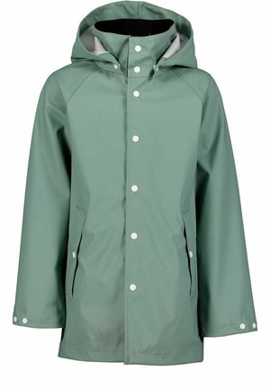Wodoodporna zielona kurtka przeciwdeszczowa z kapturem, zapinana na zatrzaski, z dwoma bocznymi kieszeniami i gładką fakturą. Zaprojektowana o luźnym kroju.