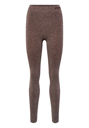 Bruine, rekbare leggings gemaakt van een gestructureerde stof. Hoog op de taille ontwerp met een aansluitende silhoët. Minimale branding nabij de tailleband.
