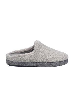 Grey slipper made of fluffy fabric with a textured surface. Open back design with a flat, dark gray sole.