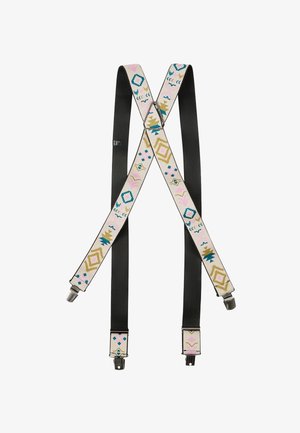 Reguliuojamos petnešos su kreminėmis raštuotomis juostomis, puoštomis geometrijos dizainais rožinės, teal ir auksinės spalvomis, derinamos su juodomis tekstūrinėmis juostomis ir sidabriniais sagtimis.