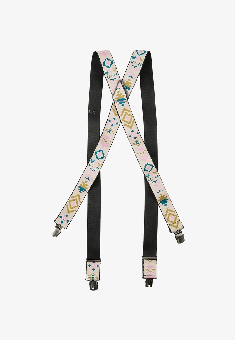 Säädettävät suspensorit, joissa on beige kuvioidut hihnat, joissa on geometrisia muotoja vaaleanpunaisessa, tealissa ja kultaisessa, yhdistettynä mustiin teksturoituihin hihnoihin ja hopeisiin klipsiin.