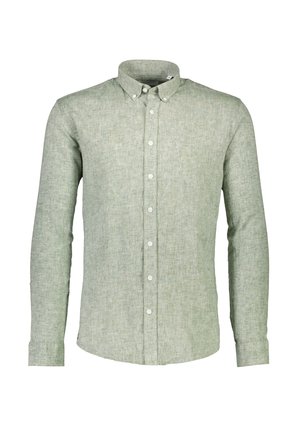 Groene blouse met lange mouwen, gemaakt van gestructureerde stof, met een klassieke kraag en een voorknopsluiting met witte knopen.