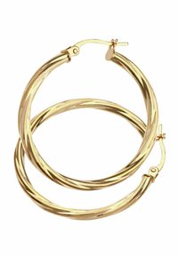 Pendientes de aro retorcido en tono dorado con acabado brillante y cierre de pestillo. Cada aro es circular y presenta un diseño texturizado.