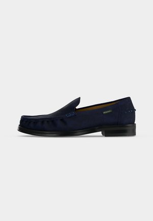 Navy blue suede men's loafer with black sole, low heel, and decorative stitching along the upper edge.