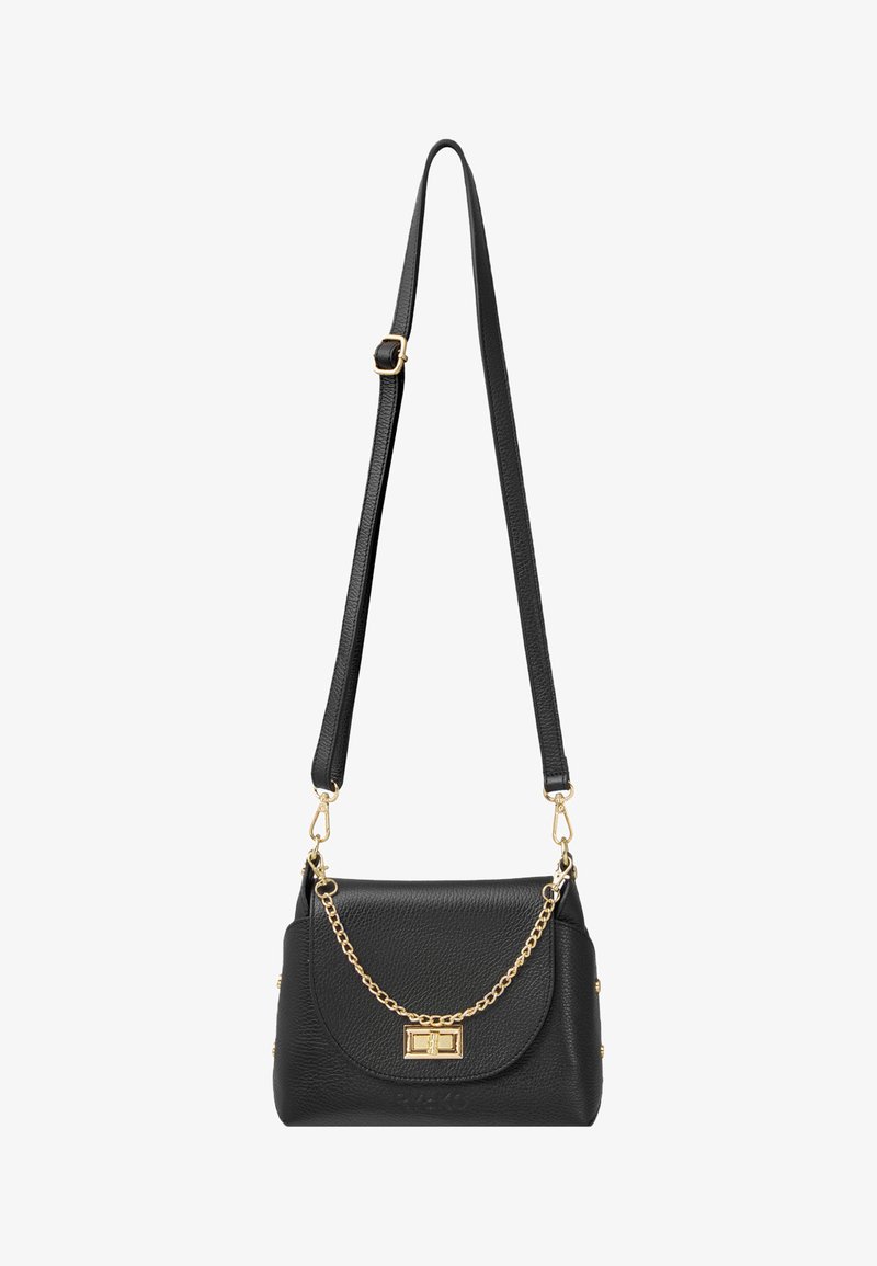 Fekete bőr kézitáska arany lánckiegészítővel, strukturált formával és texturált felszíntel. Levehető pánttal rendelkezik a sokoldalú viselés érdekében.