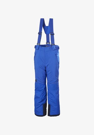 Blauwe geïsoleerde sneeuwbroek met verstelbare bretels, zijzakken en zwarte accenten bij de enkels. Gemaakt van weerbestendig materiaal.