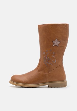 Brune faux læder knæhøje støvler med glitrende stjernedetalje og hestedesign. Glat tekstur, rund tå og gummisål for godt greb.