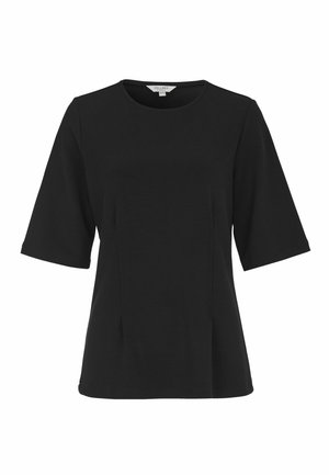 Musta, lyhythihainen yläosa pyöreällä kaula-aukolla, istuvalla vyötäröllä ja hienovaraisilla saumalinnuilla edessä, valkoisella taustalla esillä.