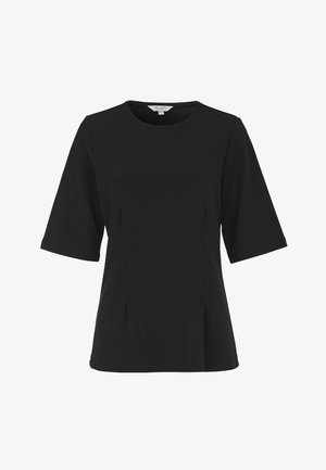 Musta, lyhythihainen yläosa pyöreällä kaula-aukolla, istuvalla vyötäröllä ja hienovaraisilla saumalinnuilla edessä, valkoisella taustalla esillä.