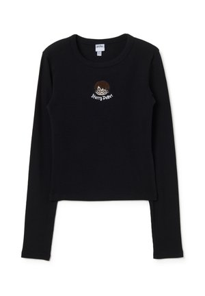 Haut ajusté à manches longues noir avec une texture côtelée et un col rond, comportant un logo brodé de Harry Potter et une illustration de personnage.
