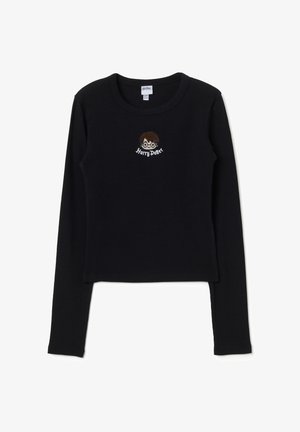 Zwart lang mouwen aansluitend T-shirt met een geribbelde textuur en een ronde halslijn, voorzien van een geborduurd Harry Potter-logo en een illustratie van een personage.