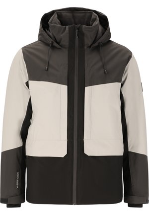 Waterproof jacket featuring a two-tone design in gray and black. Hooded with front zip closure, adjustable drawstrings, and elastic cuffs.