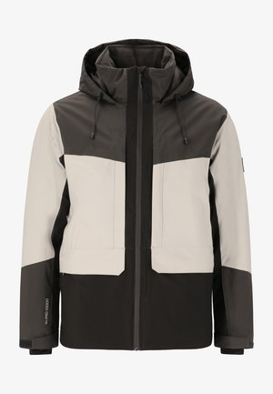 Waterdichte jas met een twee-kleurig ontwerp in grijs en zwart. Met capuchon, ritssluiting aan de voorkant, verstelbare trekkoorden en elastische manchetten.