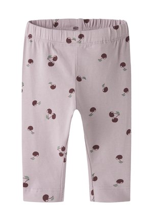 Leggings para niños pequeños en color lila claro con estampado de cerezas rojo oscuro y hojas verdes, cintura elástica y dobladillos cosidos.