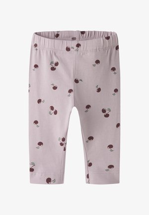 Leggings para niños pequeños en color lila claro con estampado de cerezas rojo oscuro y hojas verdes, cintura elástica y dobladillos cosidos.