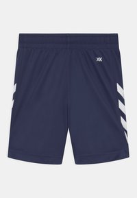 Marinblå sportshorts med elastisk midja, med vita sneda ränder på sidorna och en liten logotyp fram.