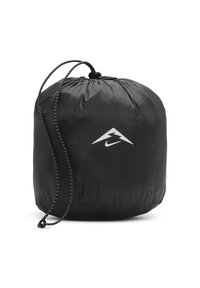 Svart nylon dragsäck med en cinchad topp, har en kontrasterande vit Nike-logotyp och en texturerad yta. Mått cirka medelstorlek.