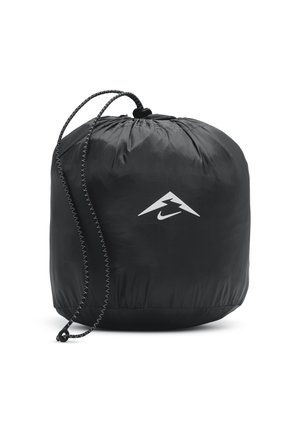 Borsa a sacco nera in nylon con coulisse e parte superiore arricciata, presenta un logo Nike bianco a contrasto e una superficie texturizzata. Misura approssimativamente una taglia media.