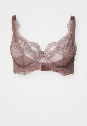 Reggiseno in pizzo color malva con motivi floreali, struttura con ferretto e spalline regolabili. Presenta una chiusura con gancetto e bordo ondulato.