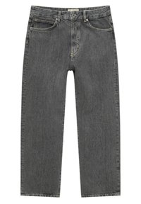 Jean en denim gris avec une coupe droite, design à cinq poches, texture délavée, coutures visibles et fermeture à boutons.