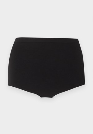 Γυναικεία μαύρα σε στερεό χρώμα, ψηλόμεσα, χωρίς ραφές εσώρουχα με φαρδιά ζώνη μέσης, απλωμένα σε επίπεδη επιφάνεια πάνω σε ανοιχτό γκρι φόντο.