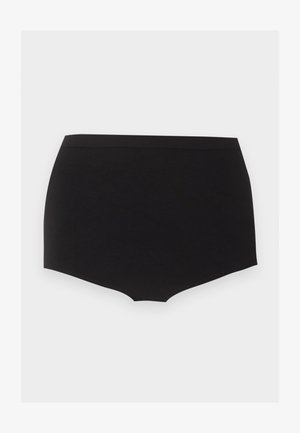 Sorte, høj-taljede, sømløse dameundertøj med bred taljebånd, vist fladt på en lys grå baggrund.