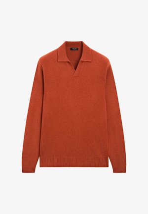 Burnt orange pullover sweater with a v-neck and a ribbed hem. Made from soft material with a clean design and long sleeves.