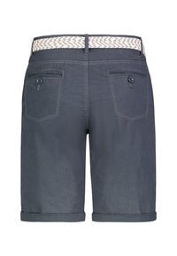Gray shorts with a woven light-colored waistband, featuring two back pockets, rolled-up cuffs, and contrasting stitching.