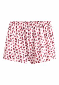 Bomuld boxershorts med elastisk linning, lyserød baggrund og et mønster af forskellige røde og lyserøde hjerter. Blødt, åndbart materiale.