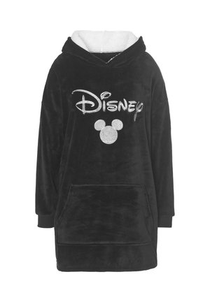 Black hooded blanket with soft white lining, featuring a silver Disney logo and a Mickey Mouse silhouette. Front pocket included.