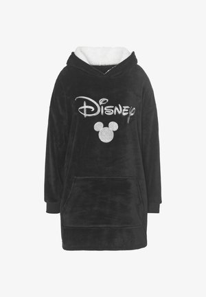 Black hooded blanket with soft white lining, featuring a silver Disney logo and a Mickey Mouse silhouette. Front pocket included.