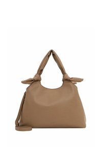 Brown leather handbag with rounded shape, dual tied handles, and an adjustable strap. Smooth texture with a subtle grain pattern.