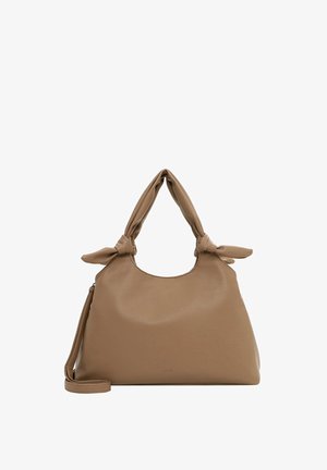 Brązowa skórzana torebka o zaokrąglonym kształcie, z dwoma wiązanymi uchwytami i regulowanym paskiem. Gładka tekstura z subtelnym wzorem ziaren.