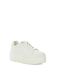White platform sneakers with a smooth leather exterior, rounded toe, flat laces, and a prominent, raised sole. Gold-tone eyelet accents.
