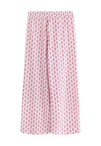 Lätta, rosa och vita mönstrade culotter med ett upprepat trämotiv; elastisk midja; mjuk textur; kort längd.