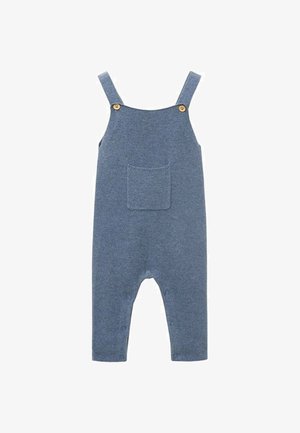 Blauwe gebreide overall met verstelbare bandjes, houten knoopaccenten, een voorkantzak en drukknoopsluitingen onderaan voor gemakkelijk aan- en uittrekken.