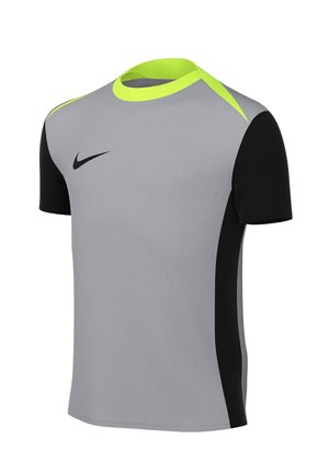 Kurzärmeliges Sportshirt in Grau mit schwarzen Ärmeln, schwarzen Seitenpaneelen, neongelbem Kragen und schwarzem Nike-Logo vorn links auf der Brust.