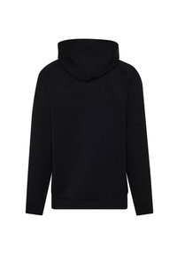 Čierna mikina s kapucňou a dlhými rukávmi, s jemne embosovaným kruhovým textom a vlnitými vzormi na chrbte.